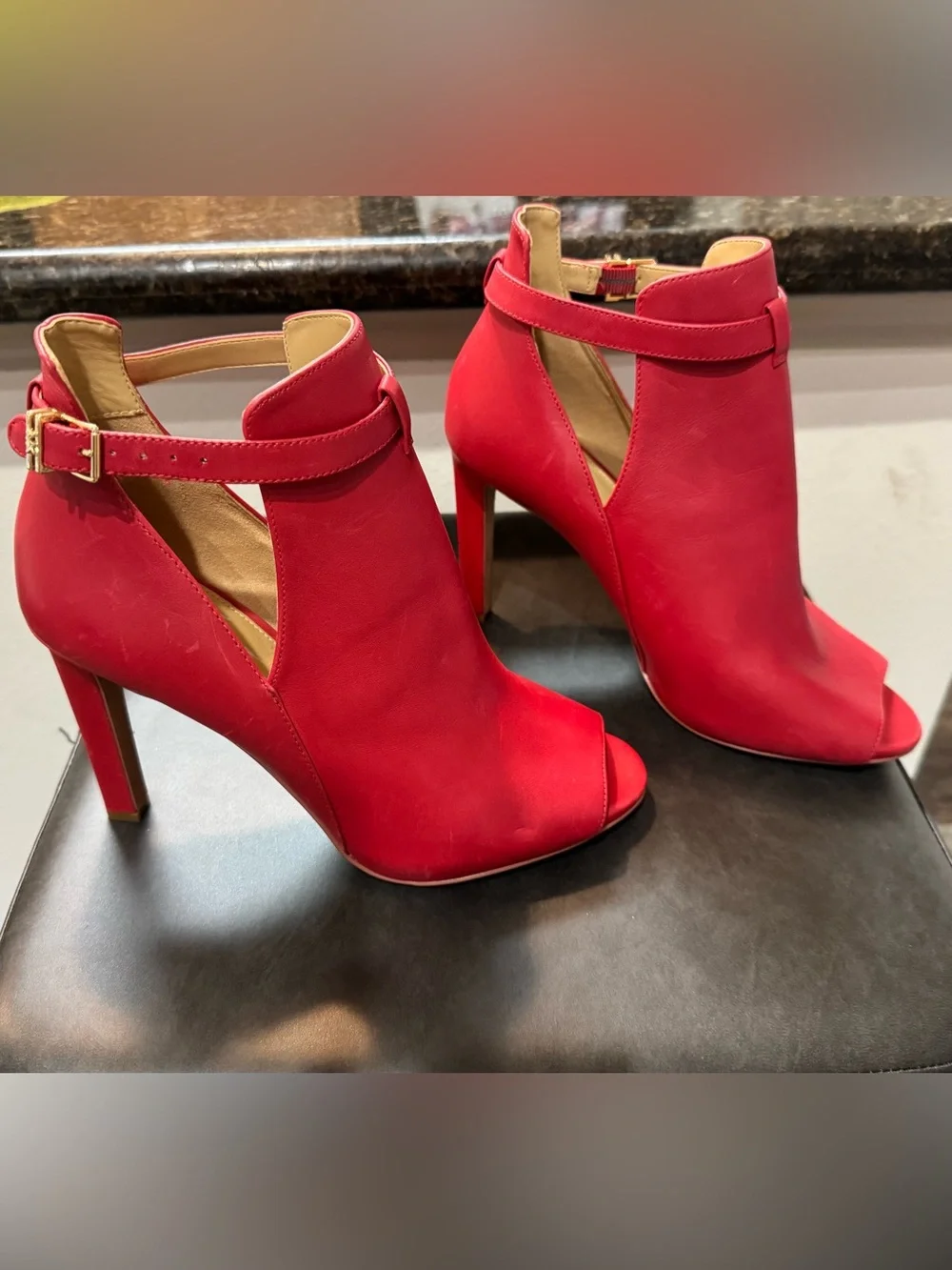 Michael Kors Red Peep-Toe Ankle Strap Stiletto Booties